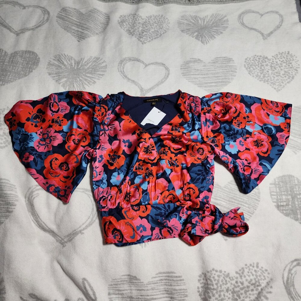 NWT Sweet Romance Satin Flutter Sleeve Wrap Top & Drawstring Shorts 2pc - Size S - Picture 6 of 7